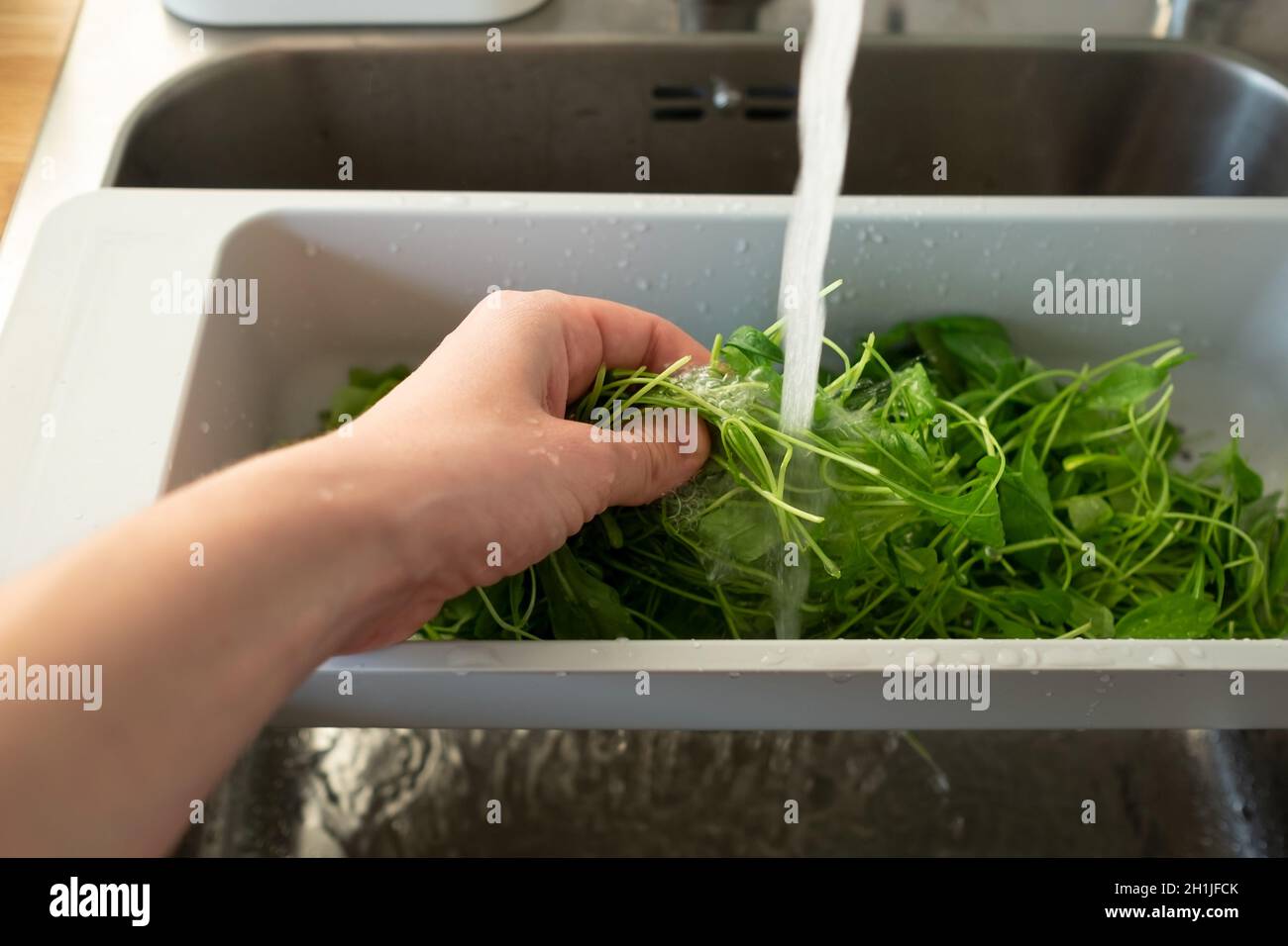 Salade verte dans une passoire.Laver les feuilles pour le petit-déjeuner. Banque D'Images
