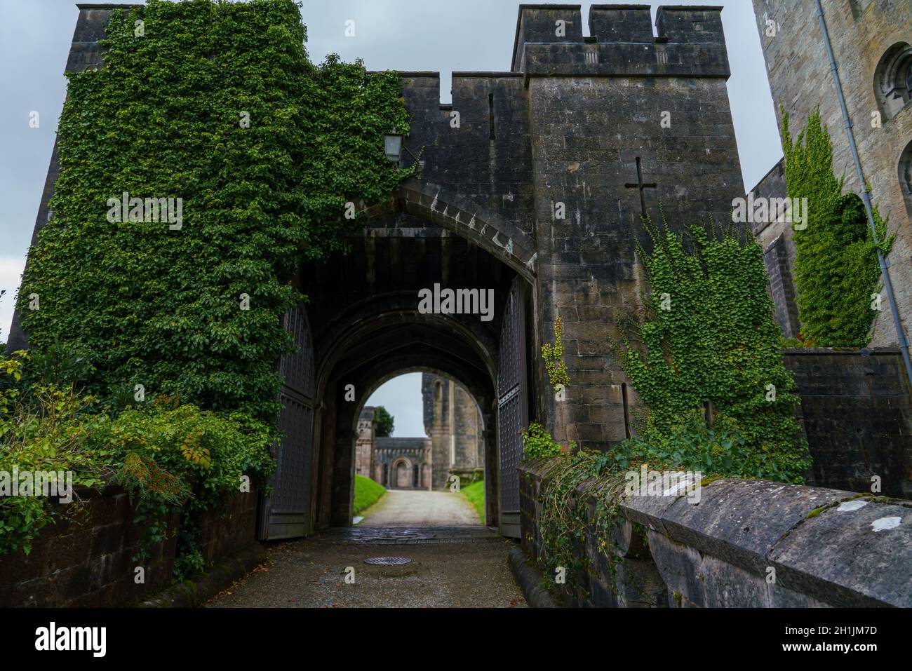 Avec le super-réducteur de virginie (Parthenocissus quinquefolia) grimpant les murs extérieurs une vue sur le château de Penrhyn, une vaste maison de campagne à Llandygai, Ban Banque D'Images