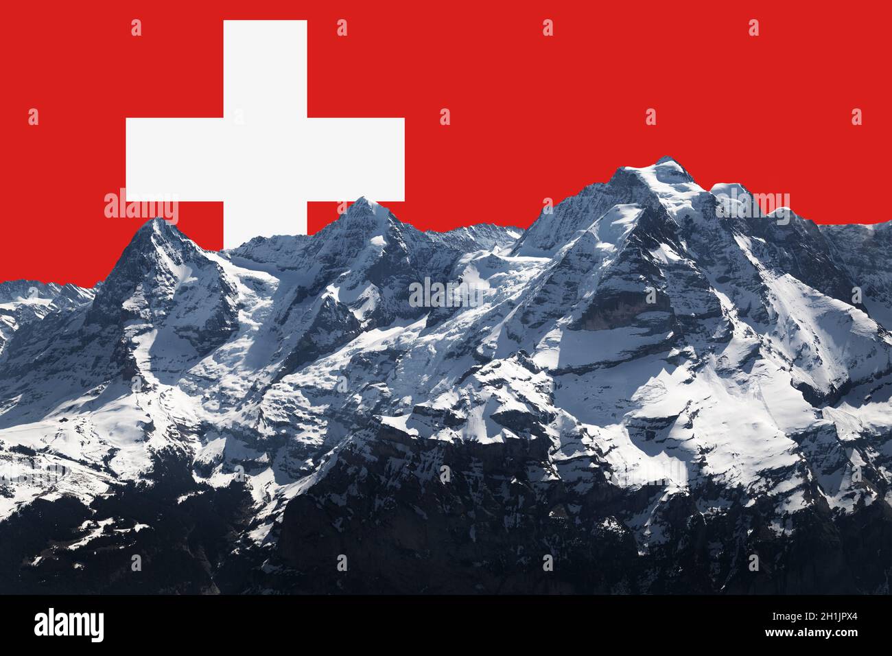 chaîne de montagnes eiger monk et jungfrau dans les alpes suisses, drapeau suisse comme grand symbole de croix rouge et blanche dans le ciel en arrière-plan, composition photo Banque D'Images