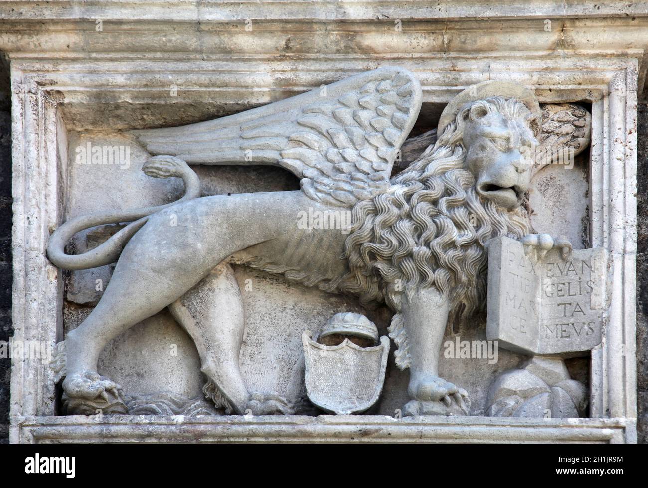 Sculpture de secours de lion ailé, fait de marbre, placée sur la défense de mur de ville de Kotor, Monténégro Banque D'Images