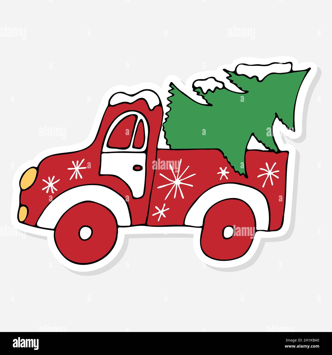 Un pick-up rouge porte un arbre à l'arrière pour les célébrations de la Saint-Sylvestre.Gribouillages dessinés à la main avec voiture de Noël et pin.Pour autocollant, étiquette Illustration de Vecteur