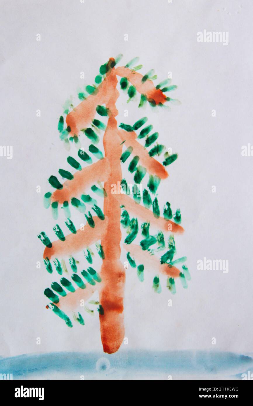 Dessin pour enfants d'un seul arbre de Noël debout dans la neige.Arbre du nouvel an.Art puérile Art des fêtes du nouvel an Banque D'Images