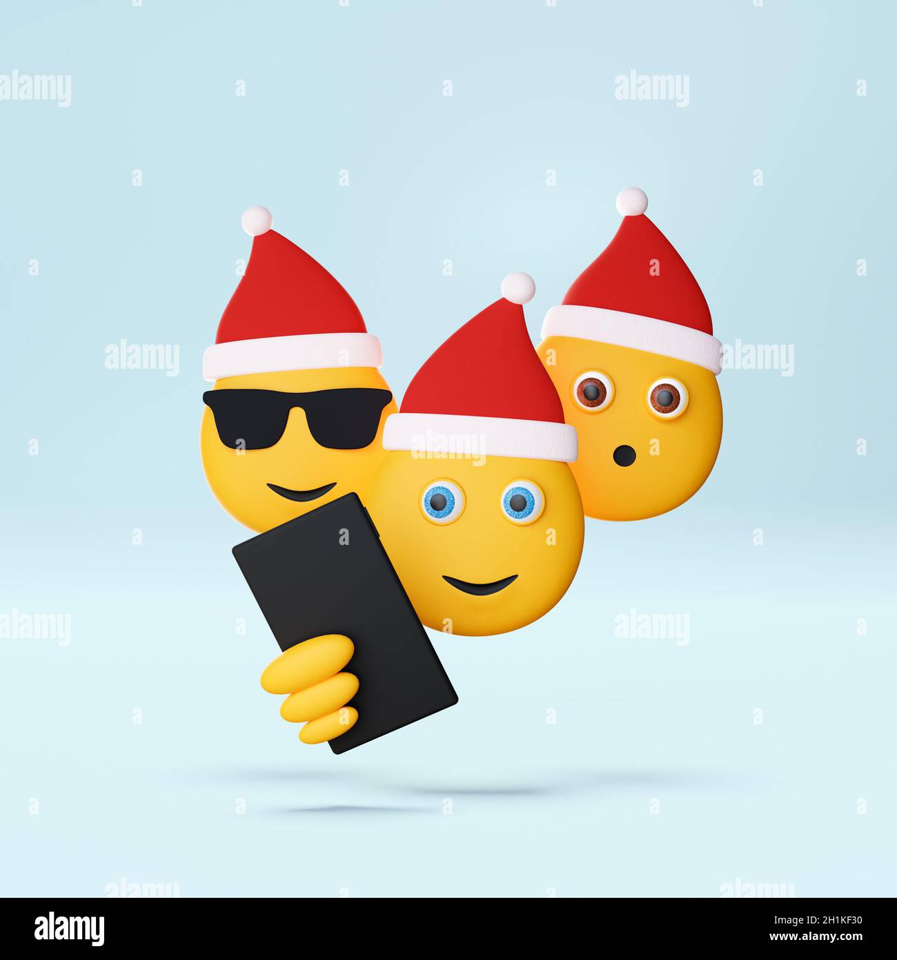 Groupe d'illustrations 3D d'Emojis de Noël prenant le selfie, vacances festive fun.Rendu 3D. Banque D'Images