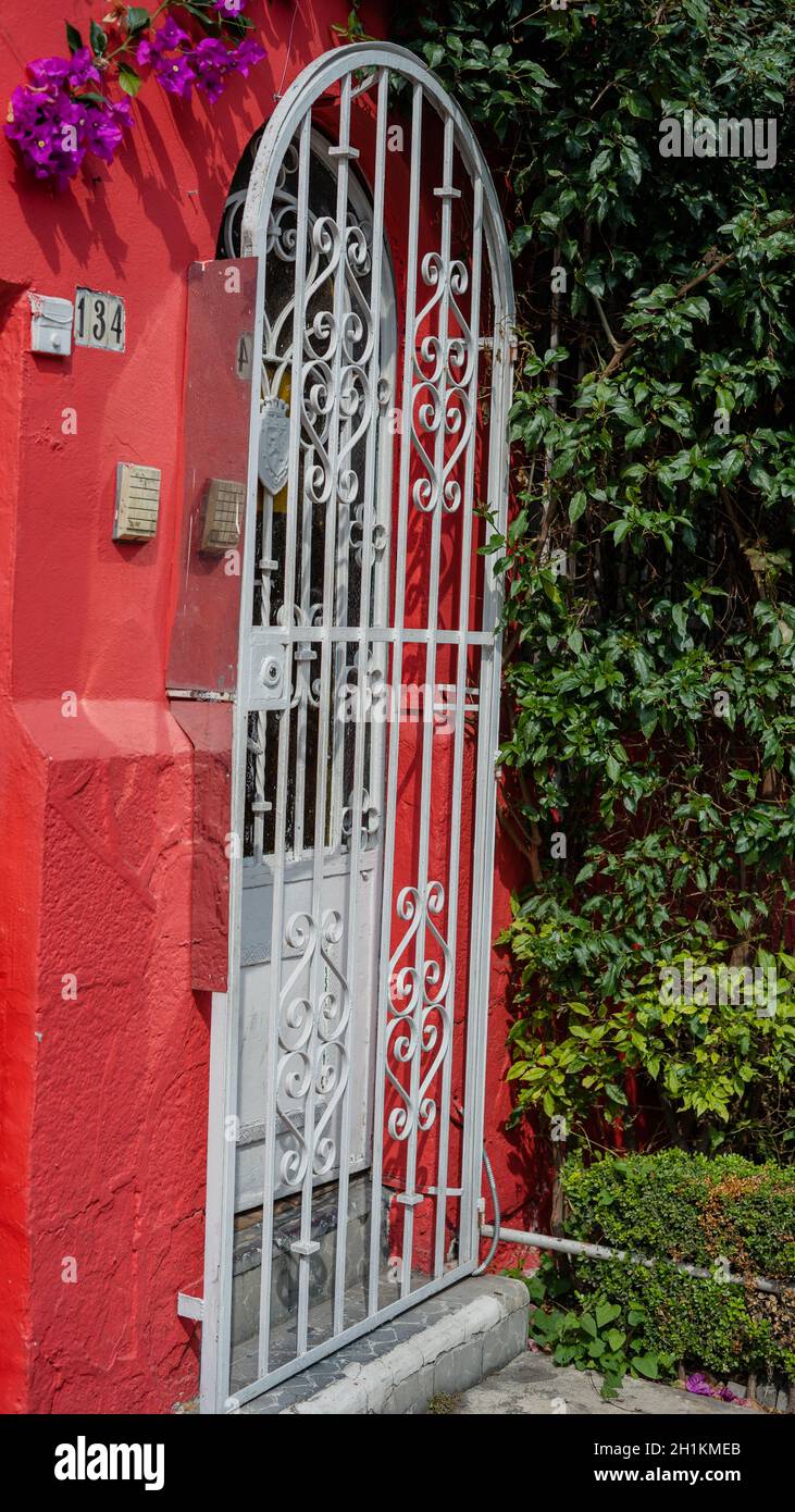 Photo de style portrait d'une porte en treillis à côté de quelques plantes et buissons d'une maison rouge Banque D'Images