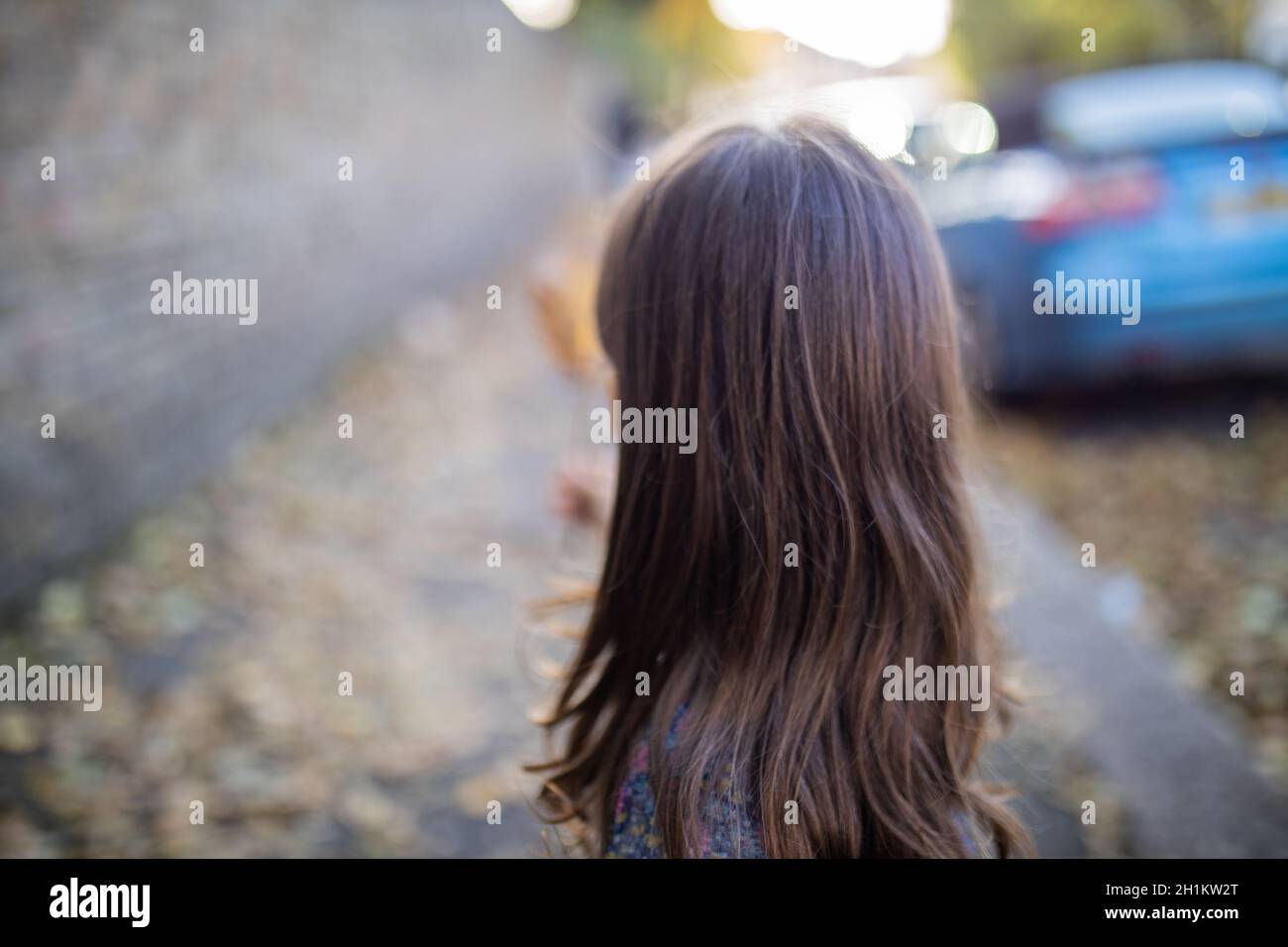 Vue rapprochée de l'arrière de la tête d'une petite fille brunette sur le trottoir recouvert de feuilles d'automne avec une voiture bleue floue et un mur de briques comme arrière-plan Banque D'Images