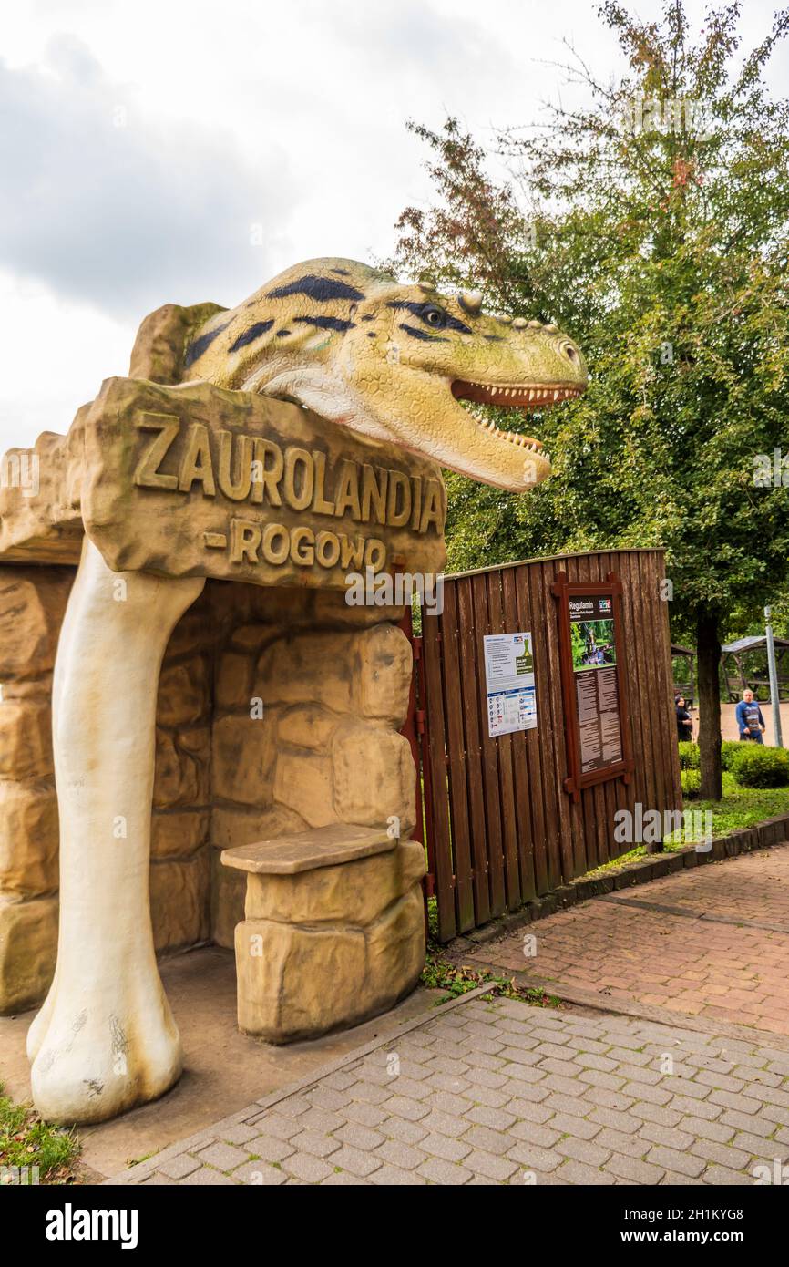 ROGOWO, POLOGNE - 26 septembre 2021 : porte ouverte en bois avec modèle Albertosaurus dino dans le parc de dinosaures de Zaurolandia à Rogowo Banque D'Images