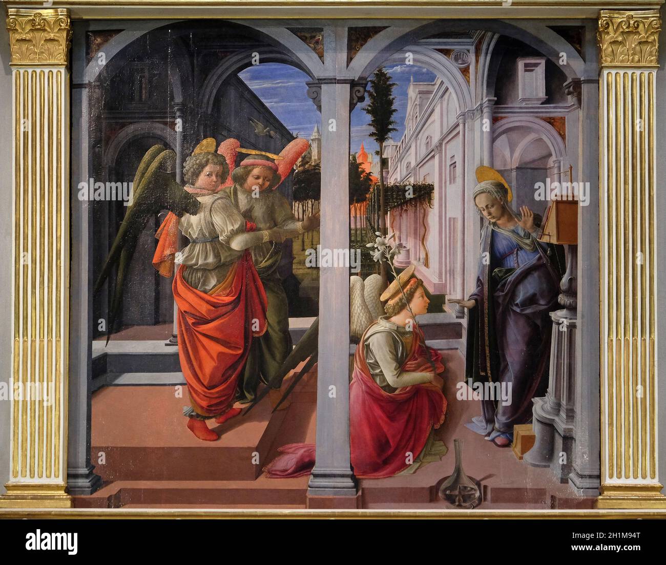 Annonciation à la Vierge Marie, œuvre de Fra Filippo Lippi dans la basilique San Lorenzo à Florence, Italie Banque D'Images