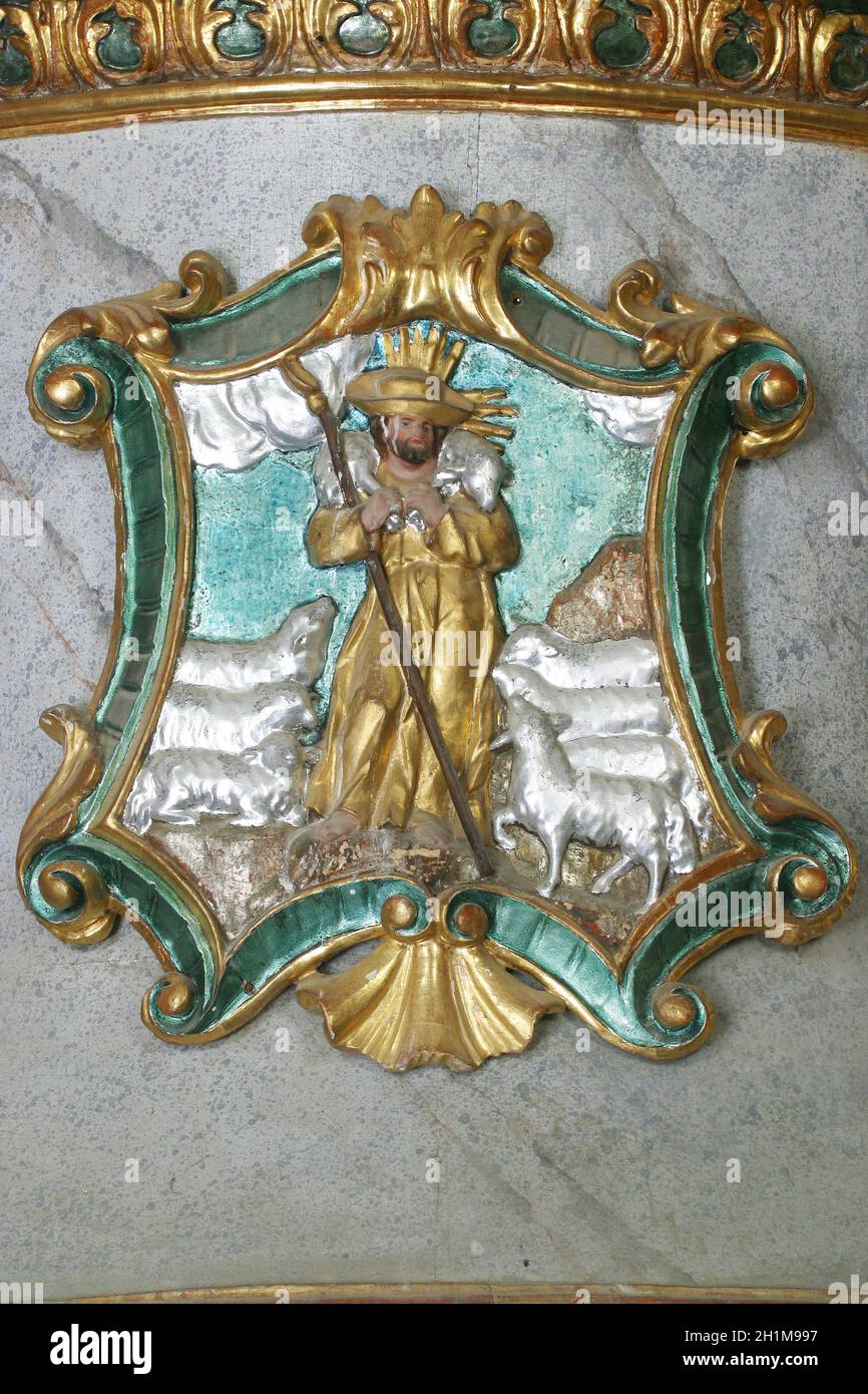 Jésus le bon Berger détail à une chaire dans l'Église des trois Rois à Komin, Croatie Banque D'Images
