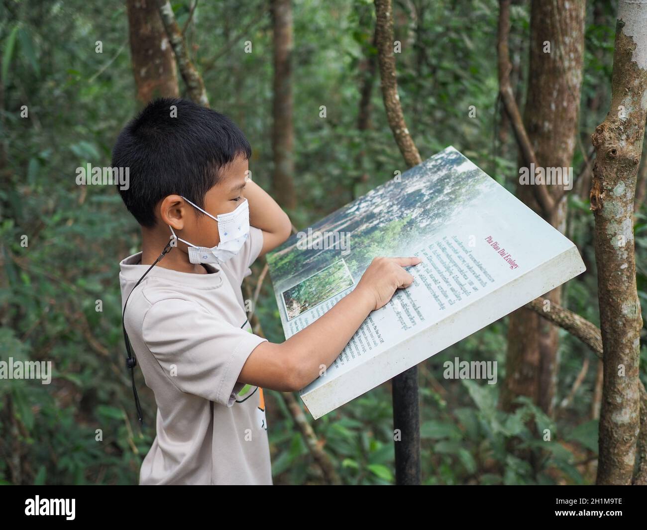 Un garçon debout et lisant une attraction touristique dans le parc national Banque D'Images