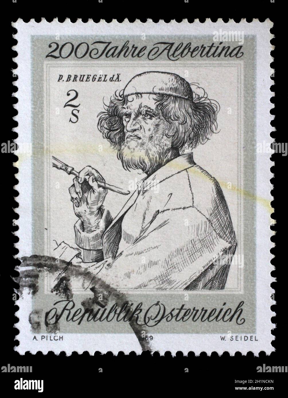 Timbre émis à l'Autriche montre l'anniversaire de la Collection graphique Albertina, artiste et connaisseur par Pieter Breugel l'Ancien, circa 1969 Banque D'Images