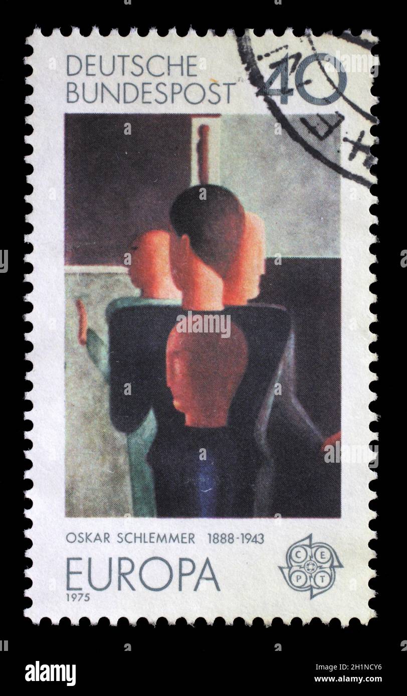 Timbre imprimé en Allemagne présente la peinture abstraite d'Oskar Schlemmer, peintre, sculpteur, designer et chorégraphe allemand, Bauhaus School,vers 1 Banque D'Images