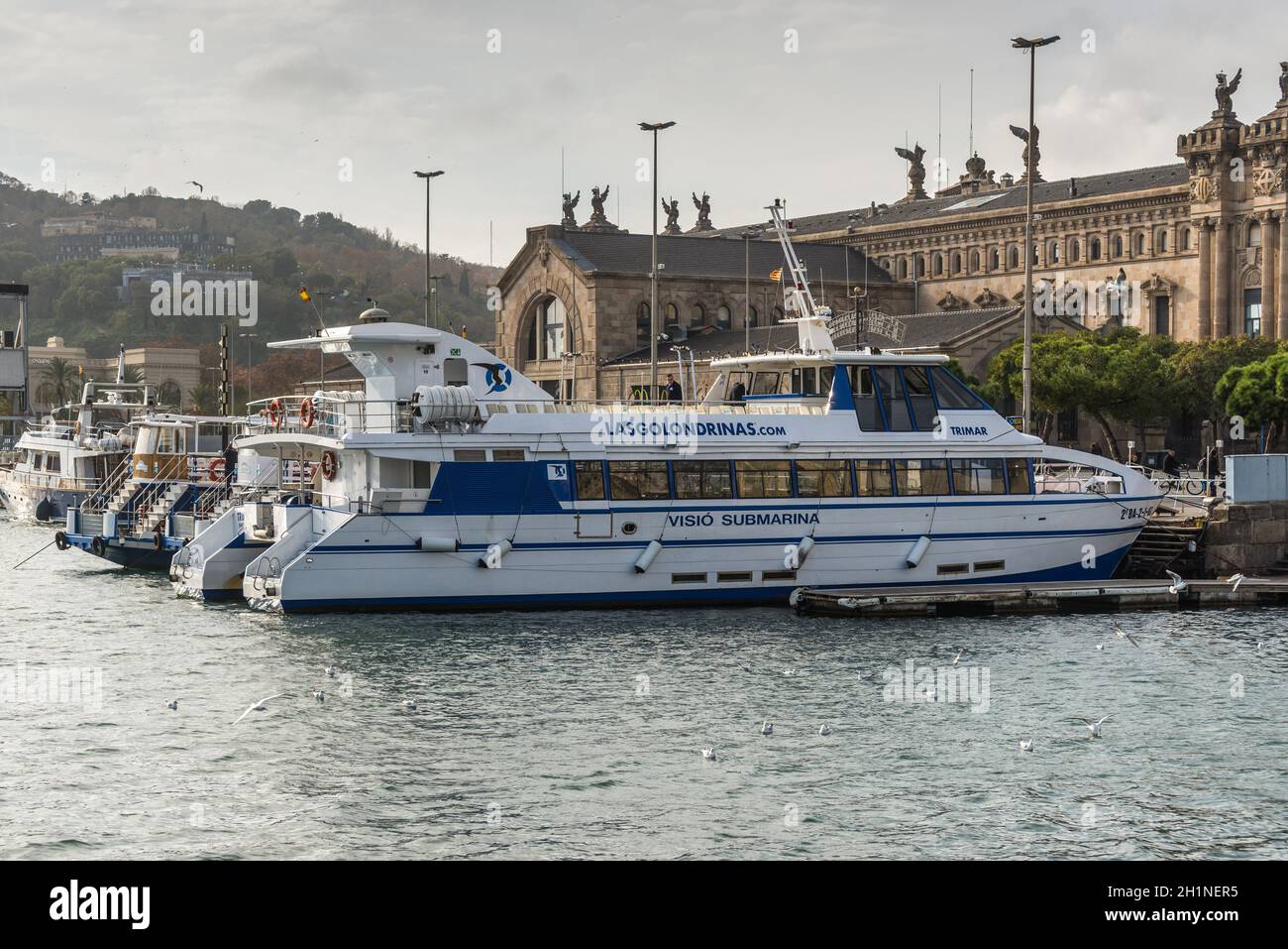 Barcelone, Espagne - 5 décembre 2016 : Catamaran touristique Trimar amarré à Barcelone, Catalogne, Espagne.Le Golondrinas propose des croisières en bateau autour du bar Banque D'Images
