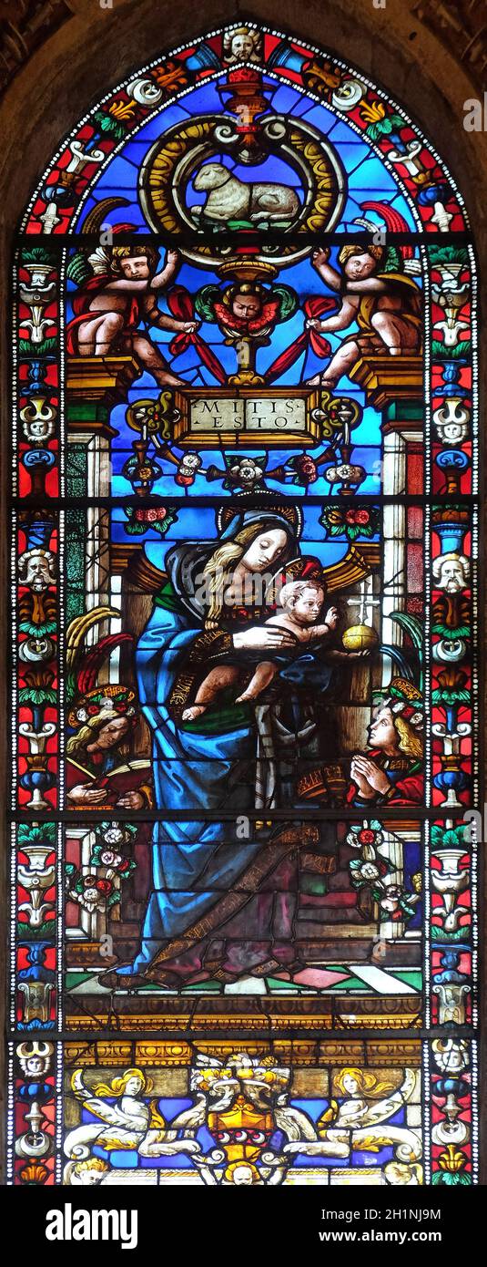 Vierge à l'enfant vitrail de Filippino Lippi, Filippo Strozzi chapelle à Santa Maria Novella Eglise Dominicaine Principal à Florence, Italie Banque D'Images