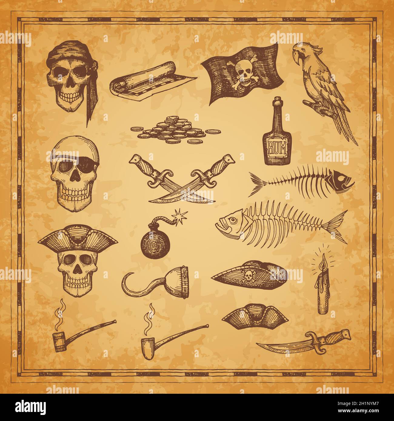 Carte et drapeau des pirates, crâne, os de dague et de poisson, éléments d'esquisse vectoriels.Icônes de carte de l'île de Trésor pirate, arme, bouteille de rhum et perroquet, tabac pi Illustration de Vecteur