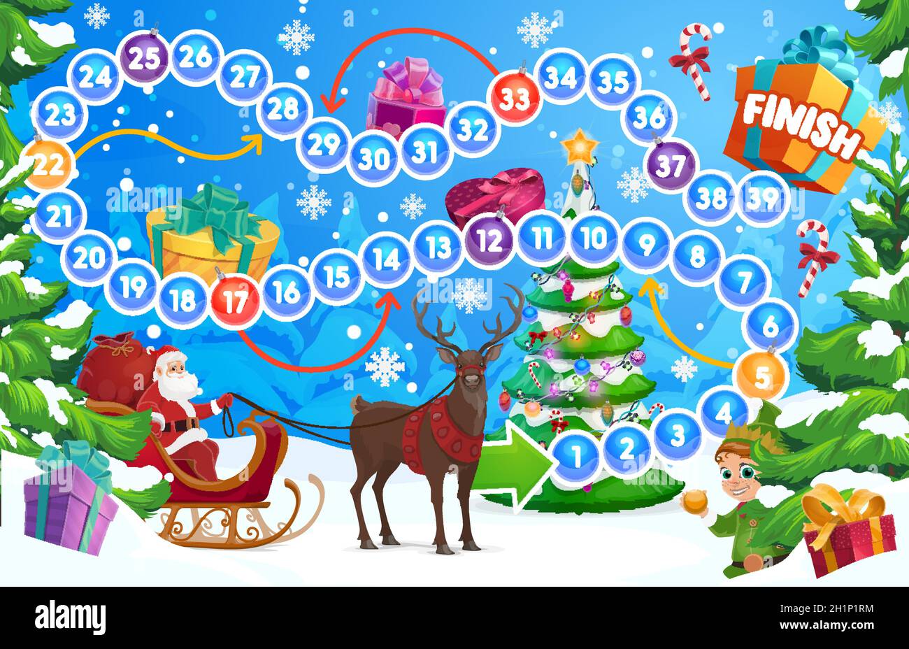 Jeu de société enfant hiver avec arbre de Noël et Père Noël.Les enfants qui paient de l'activité avec des jets de dés, jeu de société éducatif pour les enfants.Santa équitation Illustration de Vecteur