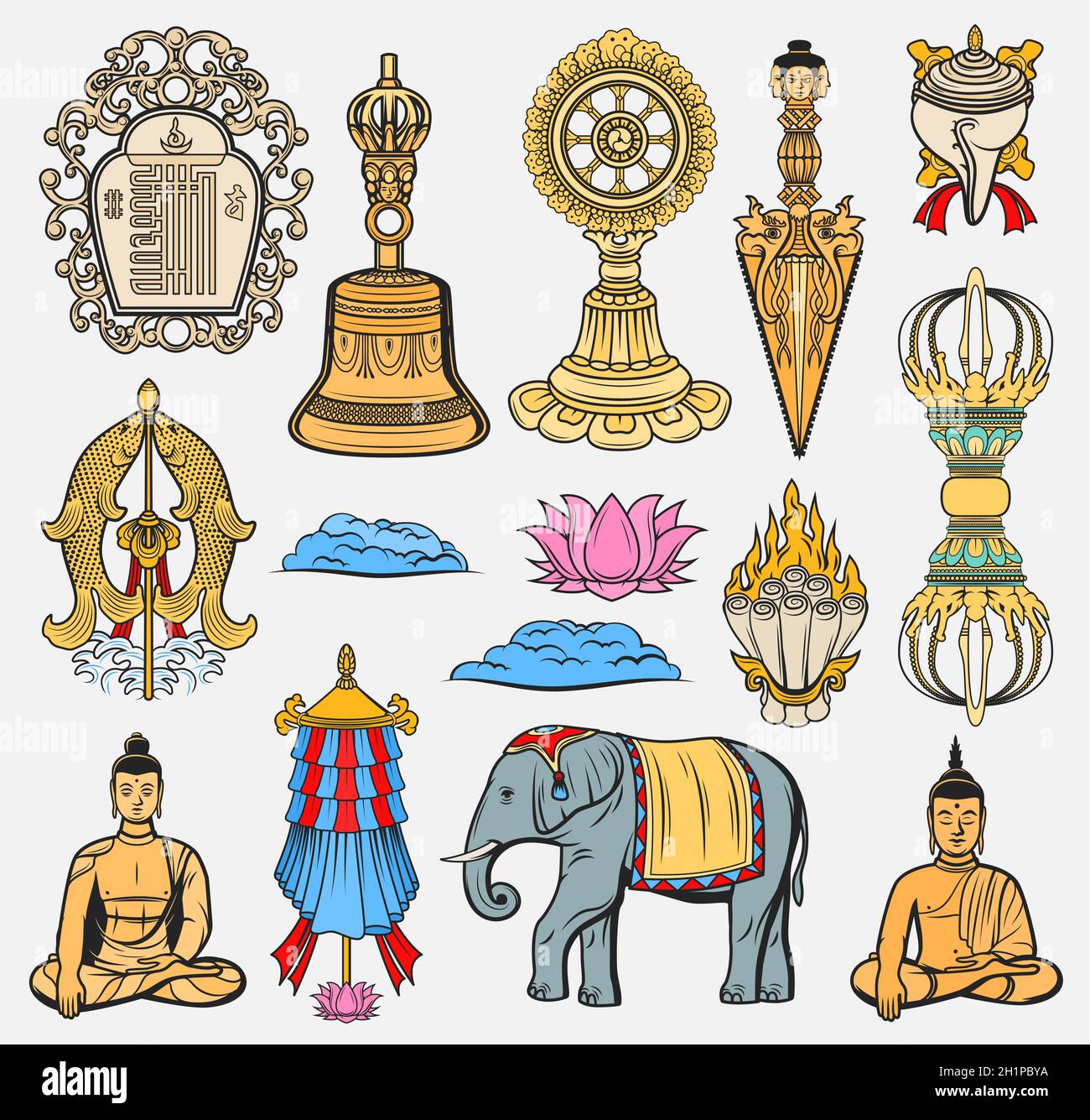 Bouddhisme, religion indienne symboles sacrés.Méditation Bouddha, deux poissons rouges et éléphant, diamant Vajra, bannière de victoire et fleur de lotus, couteau de Kila, Illustration de Vecteur