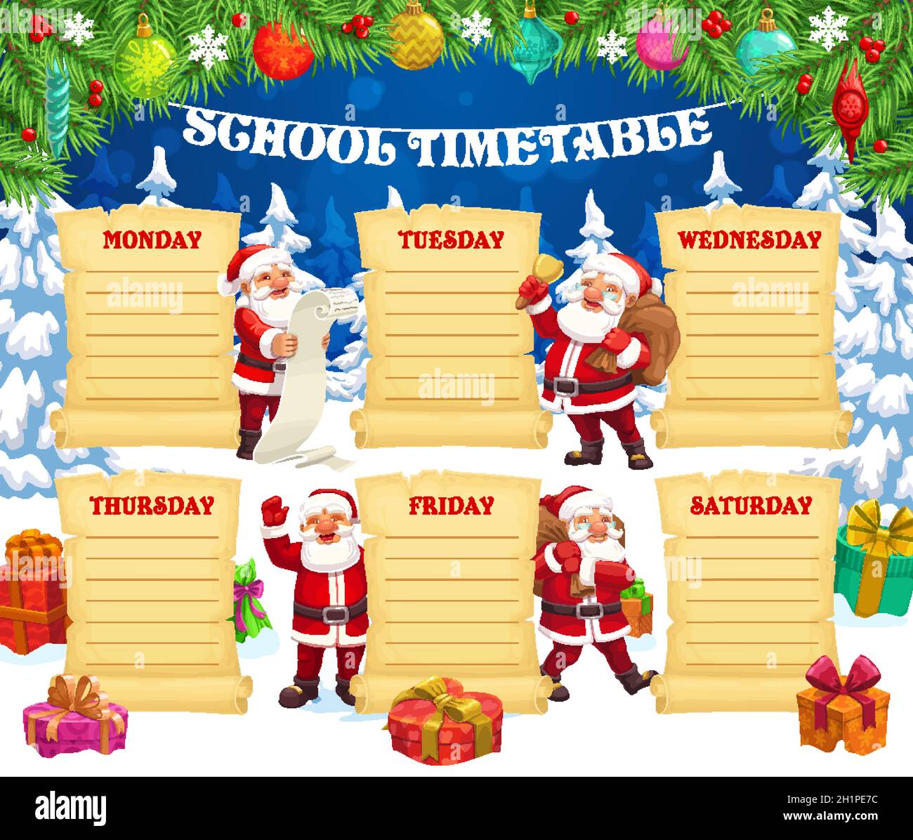 Modèle d'horaire des vacances d'hiver pour enfant avec personnage de père Noël.Planificateur de cours pour enfants, programme de cours pour enfants ou liste de tâches.Sonnerie du Père Noël, Illustration de Vecteur