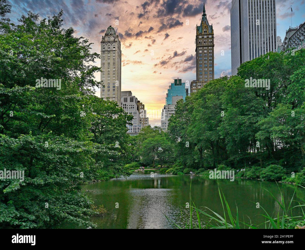 La recherche à travers l'étang dans le Parc Central de la Cinquième Avenue à Manhattan Banque D'Images
