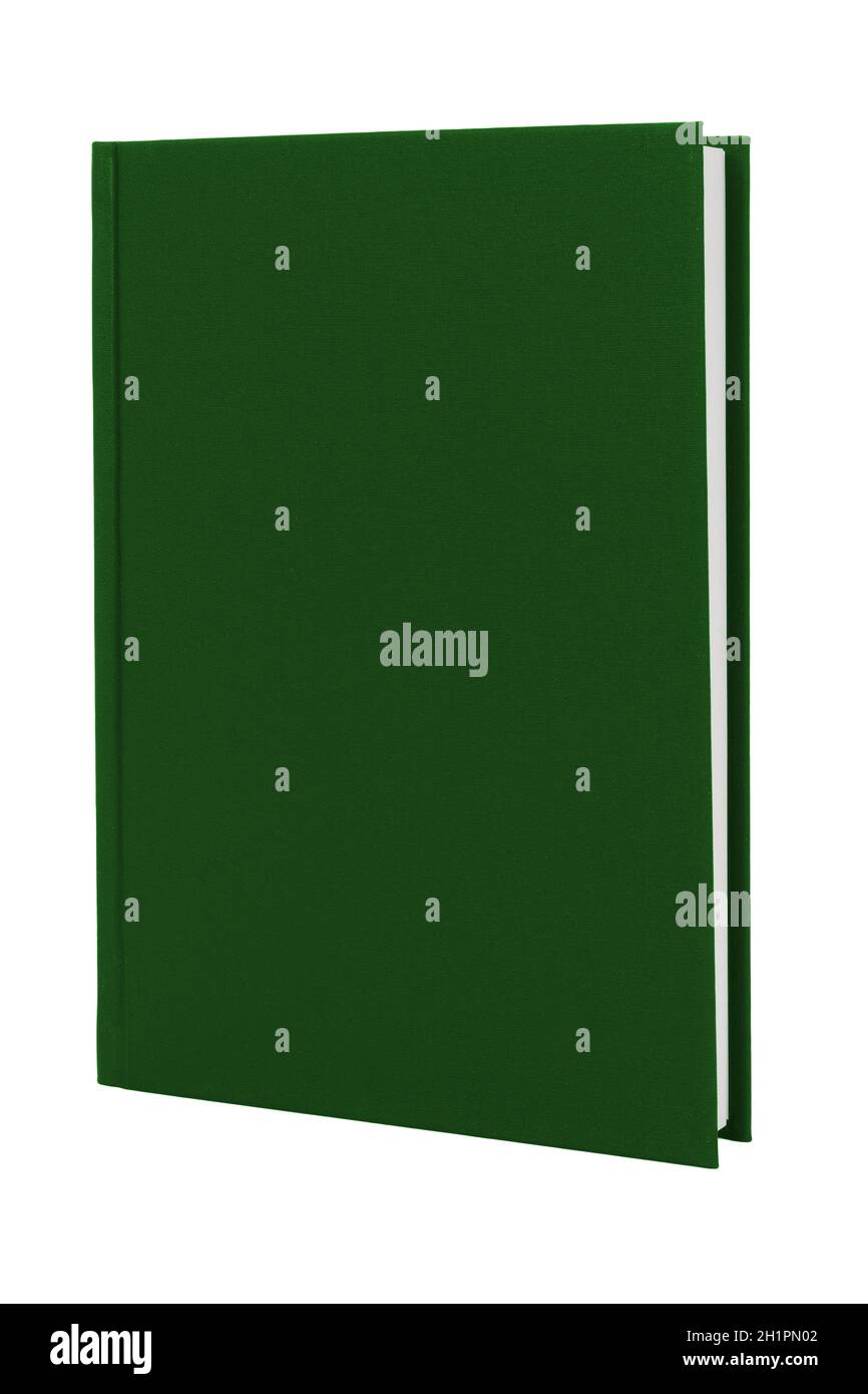 Livre de couverture rigide vert vertical sur blanc avec passe-cheveux Banque D'Images