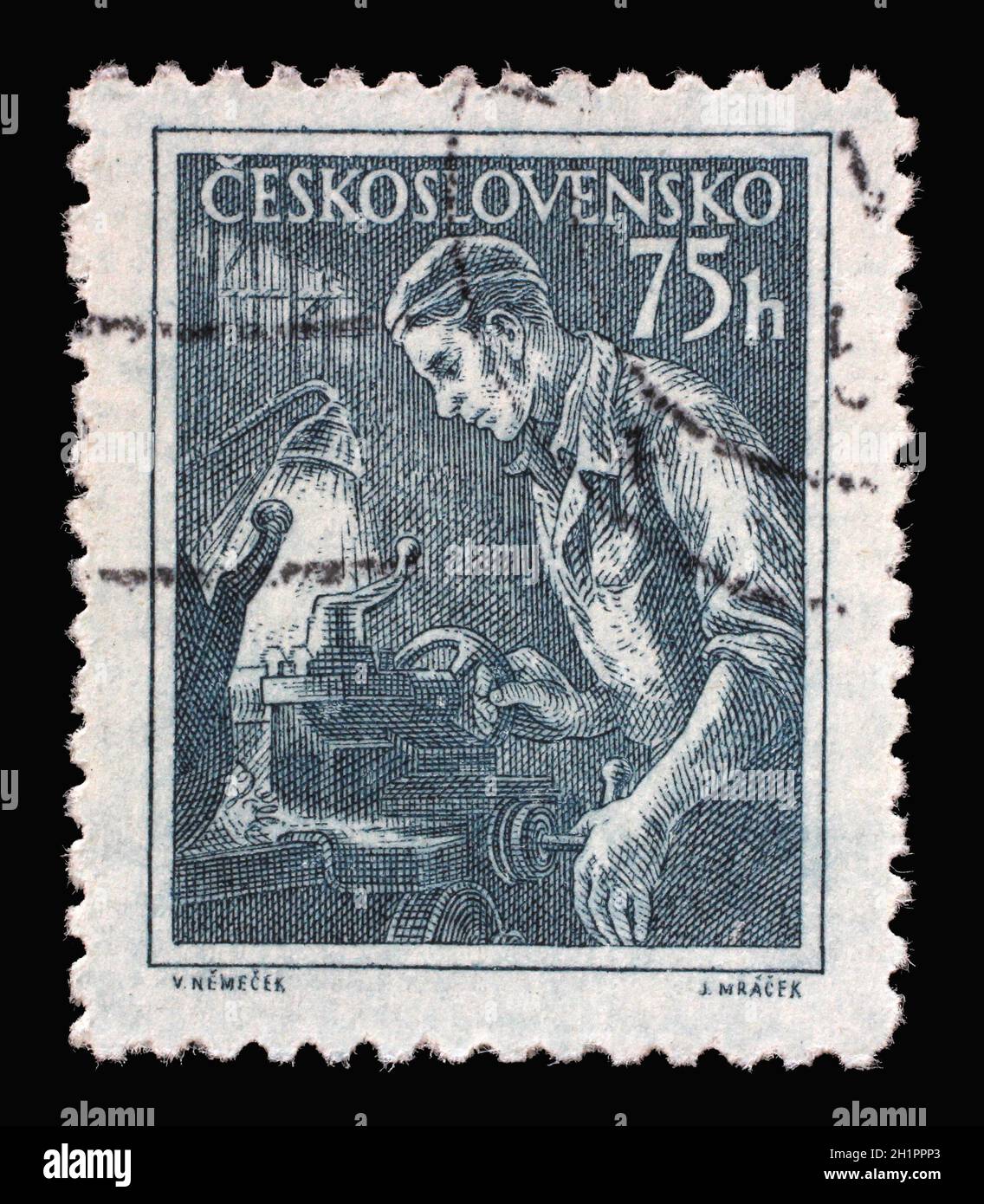 Timbre imprimé en Tchécoslovaquie montre l'opérateur de Lathe, série professions, vers 1954 Banque D'Images