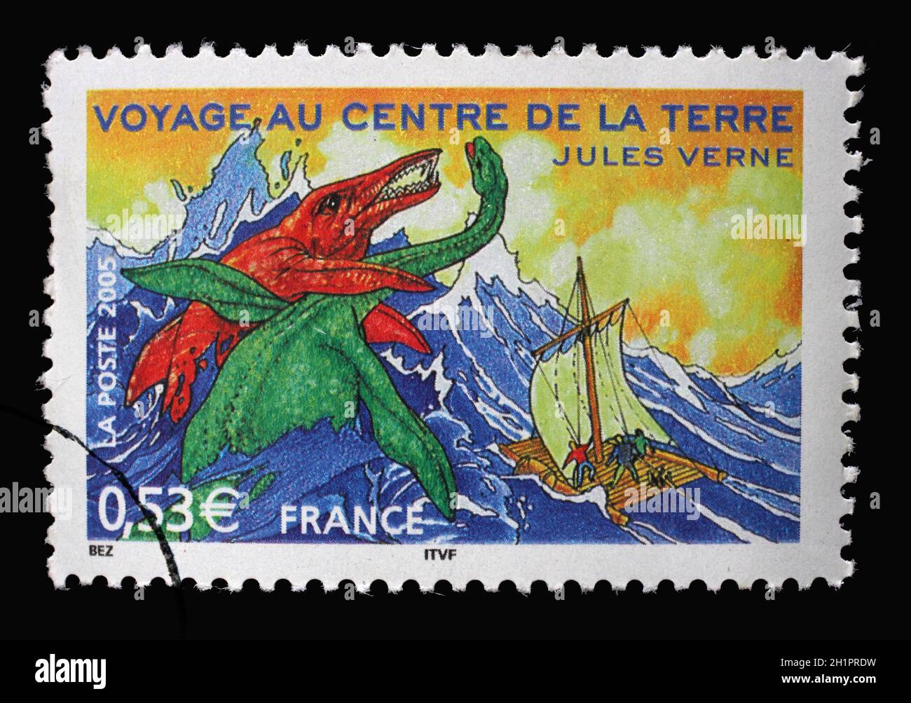 Le timbre imprimé en France montre une image de Voyage au centre de la Terre, un roman de Jules Verne, série d'histoires Jules Verne, vers 2005 Banque D'Images