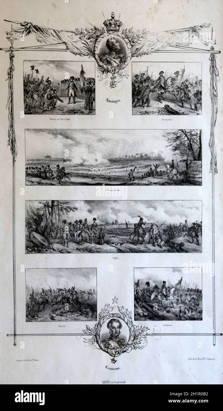 Une image d'illustration vintage gravée de Napoléon Bonaparte dans diverses batailles qui ont mené maintenant exposé dans la Villa dei Mulini, Portoferraio, Italie Banque D'Images