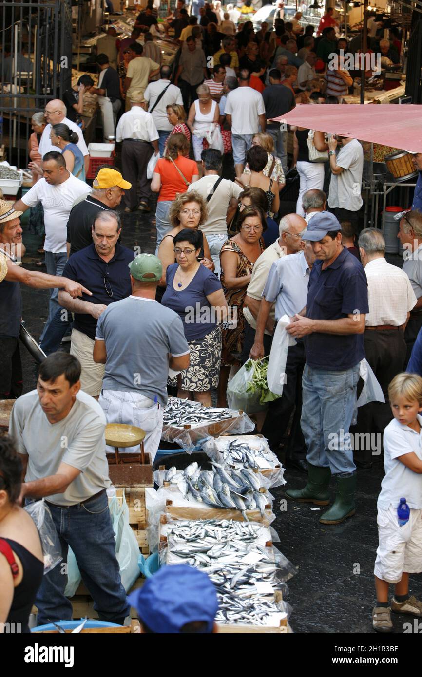 Poisson frais au marché aux poissons de la vieille ville de Catane dans la province de Sicile en Italie. Italie, Sicile, octobre 2014 Banque D'Images