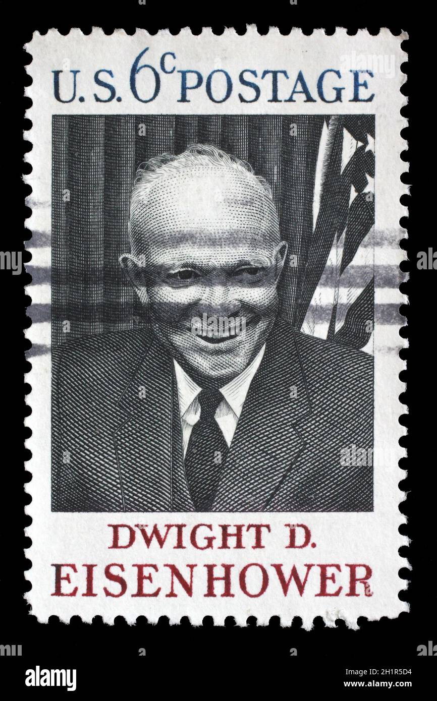 Stamp imprimé aux États-Unis montre Dwight D. Eisenhower, 34e président (1890-1969), circa 1969 Banque D'Images