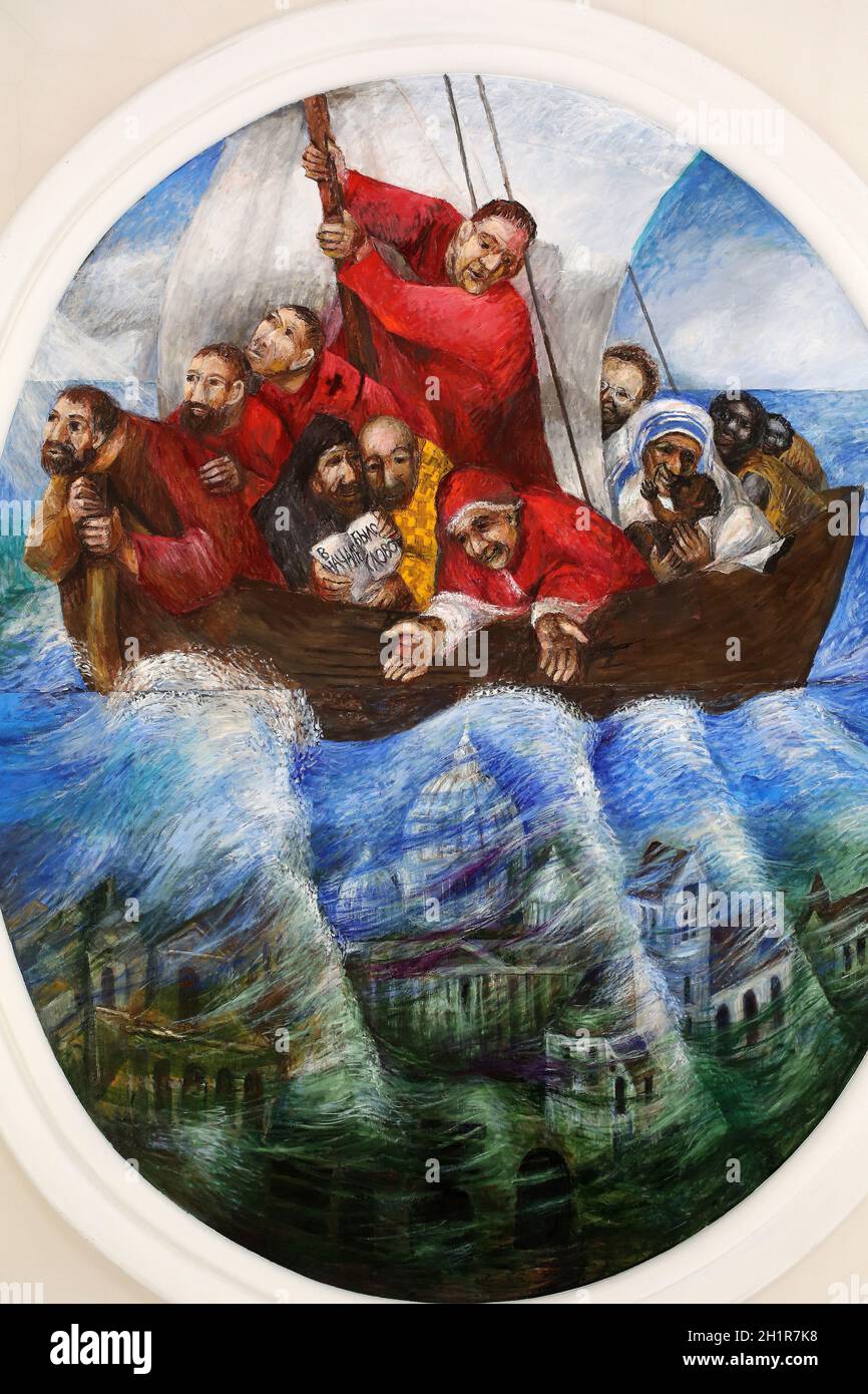 Saint-Clément en bateau de Peter par Sieger Koder, fresque dans l'église de Saint-Clément à Primisweiler, Allemagne Banque D'Images