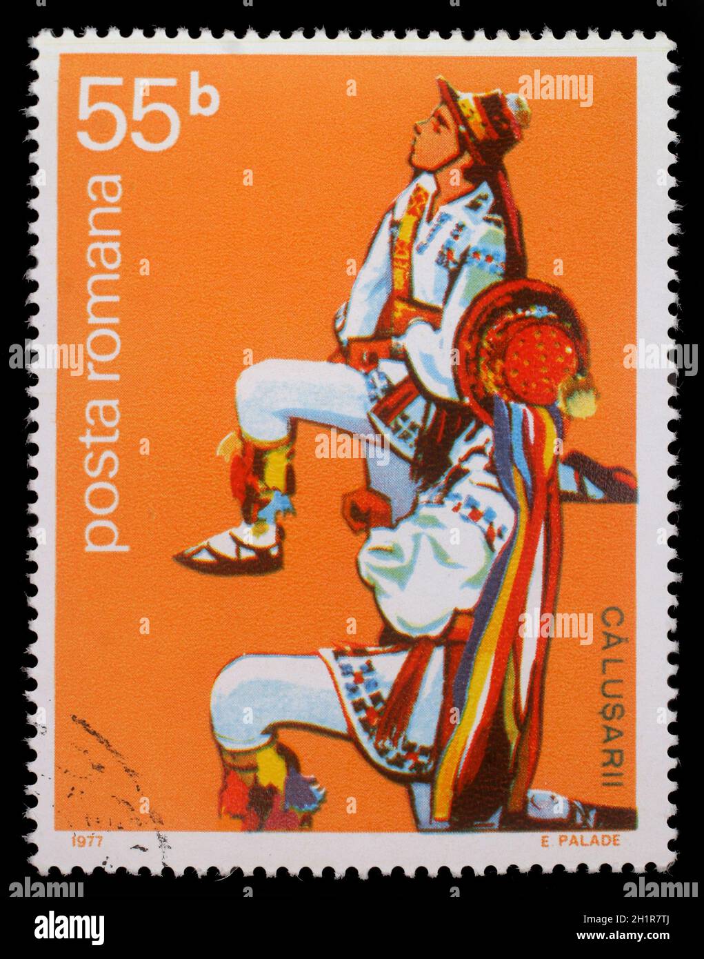 Timbres par la Roumanie, le Roumain montre homme danseur, vers 1977 Banque D'Images