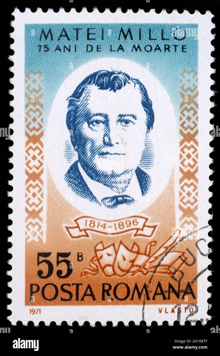 Timbres en Roumanie montre Matei Millo (1814-1896) Né à moldave acteur et dramaturge roumain, vers 1971. Banque D'Images