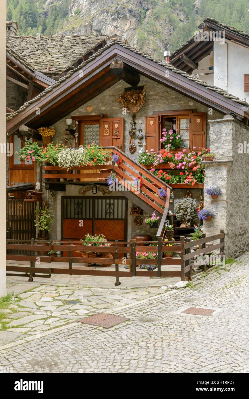 Point de vue des petites maison traditionnelle en pierre recouvert de fleurs en fleurs, tourné par un beau jour d'été à Gressoney Saint Jean, vallée du Lys, Aoste, Italie Banque D'Images