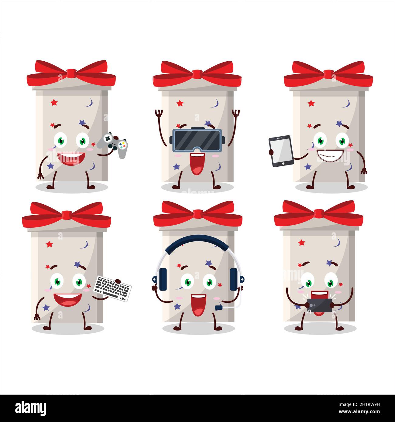 Blanc long cadeau boîte personnage de dessin animé jouent à des jeux avec divers émoticônes mignons.Illustration vectorielle Illustration de Vecteur