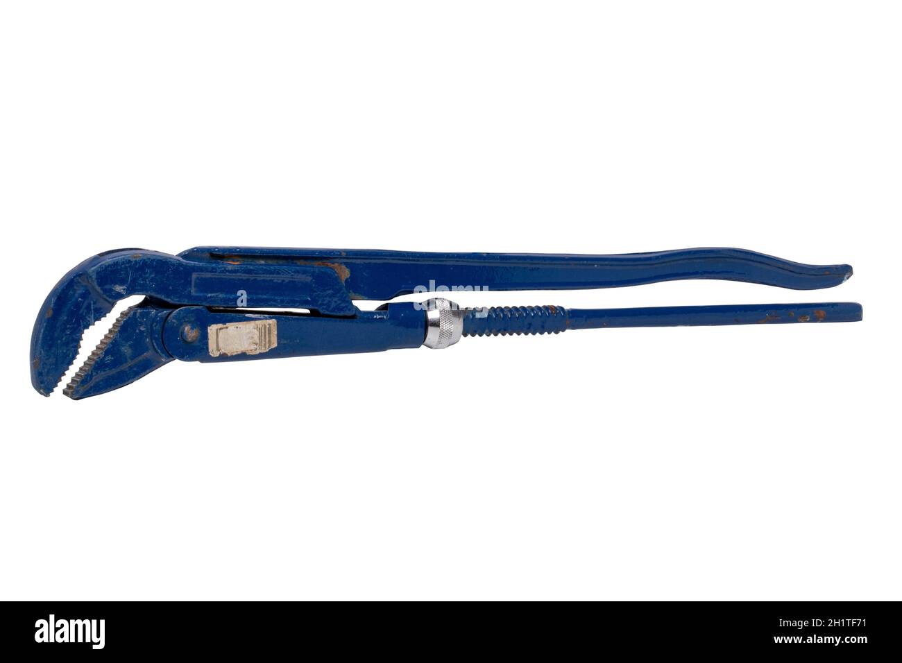 Outil Plumber isolé. Gros plan d'une clé à tube bleue réglable, d'une clé, d'une pince ou d'un outil de plomberie isolés sur un fond blanc. Masque. Macr Banque D'Images