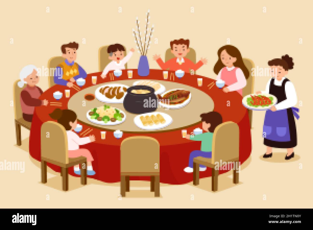 Groupe de famille asiatique ayant un dîner de réunion sur la table ronde dans un restaurant sur fond beige Illustration de Vecteur