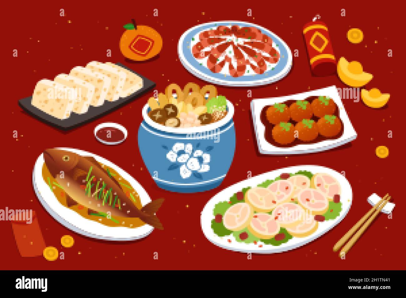 Dîner de réunion pour le nouvel an lunaire chinois, le festin avec une variété de plats de viande Illustration de Vecteur