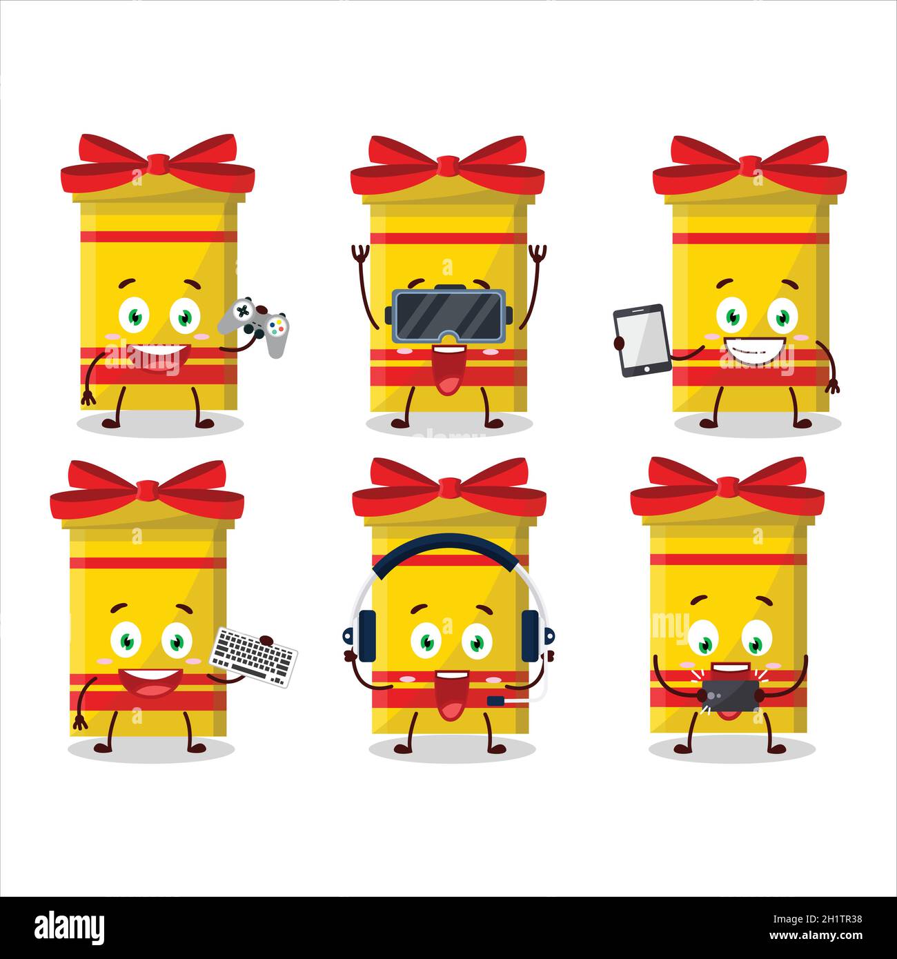 Jaune long cadeau boîte personnage de dessin animé jouent à des jeux avec divers émoticônes mignons.Illustration vectorielle Illustration de Vecteur