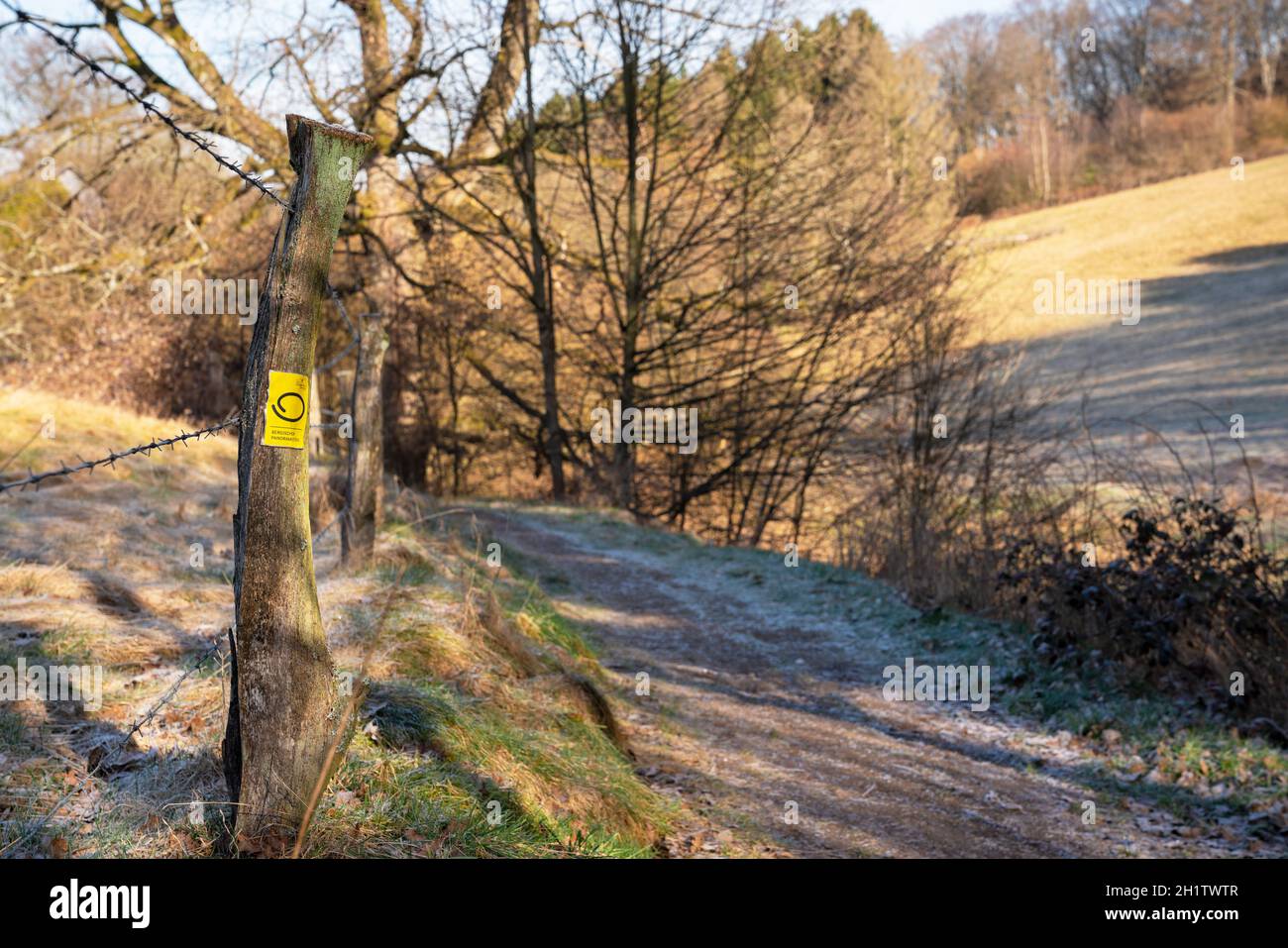 KURTEN, ALLEMAGNE - 6 MARS 2021: Sentier de randonnée de longue distance Bergischer Panoramasteig avec l'accent sur le typique waymark le 6 mars 2021 en Allemagne Banque D'Images