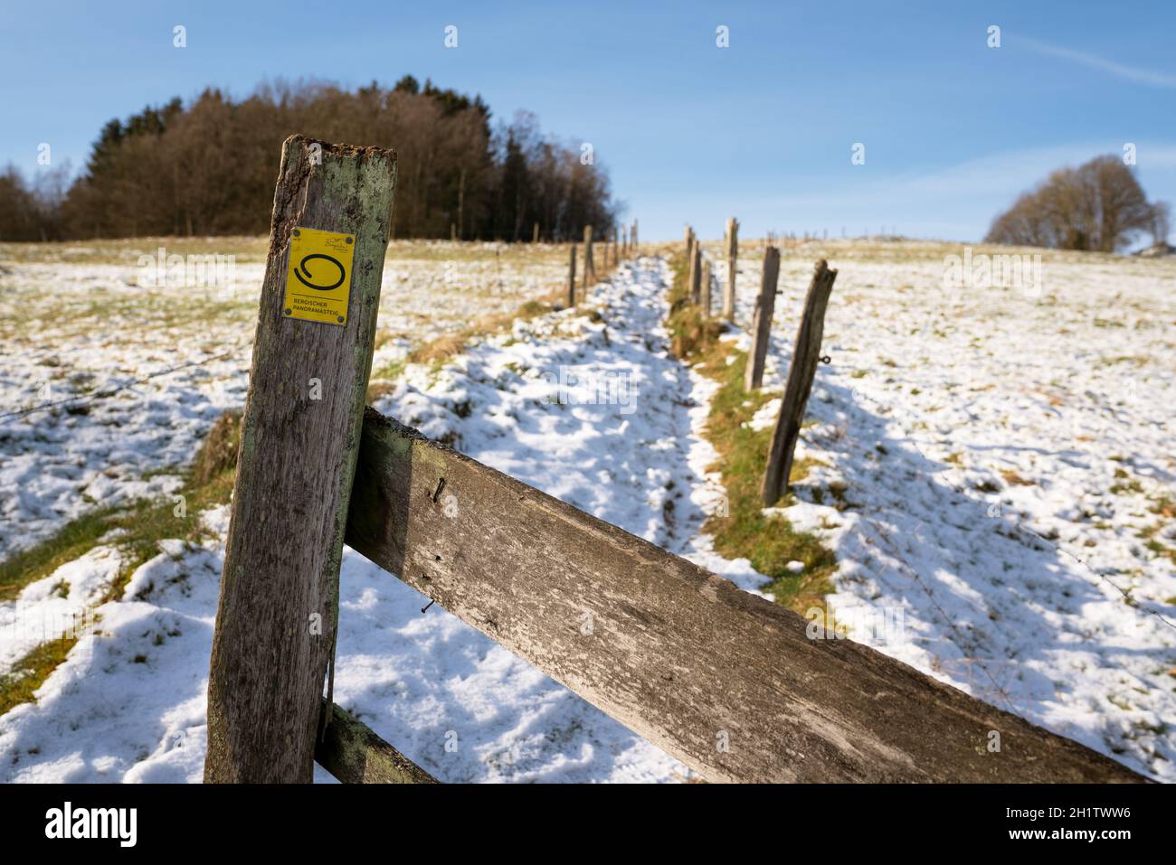 LINDLAR, ALLEMAGNE - 14 FÉVRIER 2021 : sentier de randonnée de longue distance Bergischer Panoramasteig en hiver avec un accent sur le typique waymark de février Banque D'Images