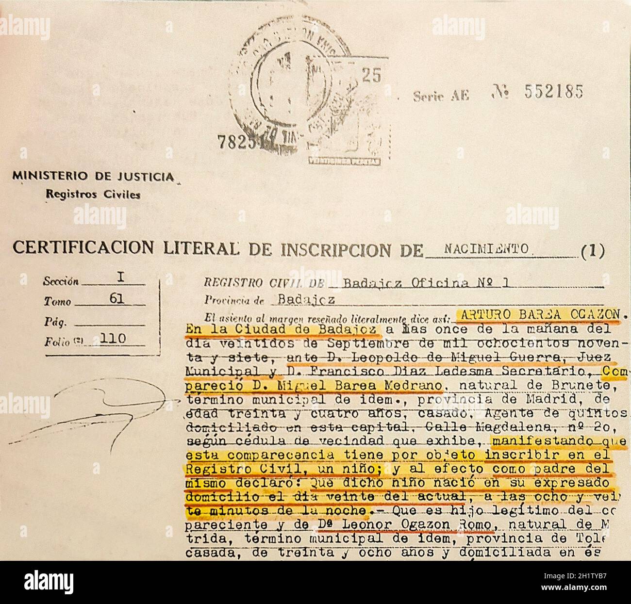 Certificat de naissance d'Arturo Barea. Journaliste, diffuseur et écrivain espagnol né à Badajoz, Extremadura, Espagne Banque D'Images