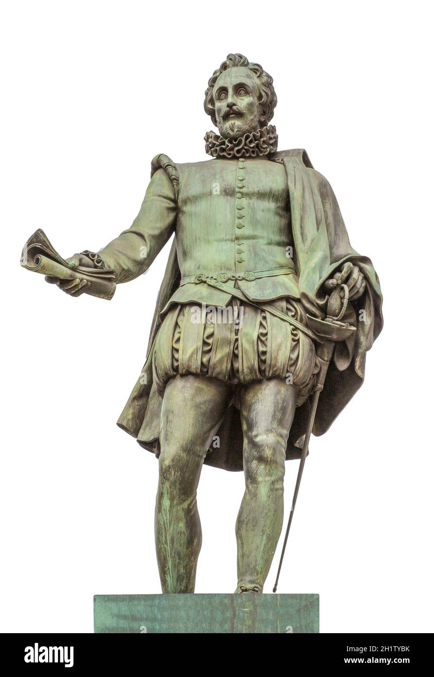 Statue de Miguel de Cervantes Saavedra. Érigé en face du Congrès espagnol des députés, Madrid. Par Antonio Sola en 1835 Banque D'Images