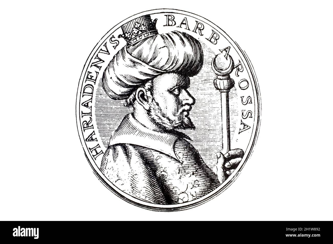 Hayreddin Barbarossa ou Khayr al-DIN barbarus portrait. Amiral de la Marine ottomane au milieu du XVIe siècle. Gravure Frans van Mieris Banque D'Images