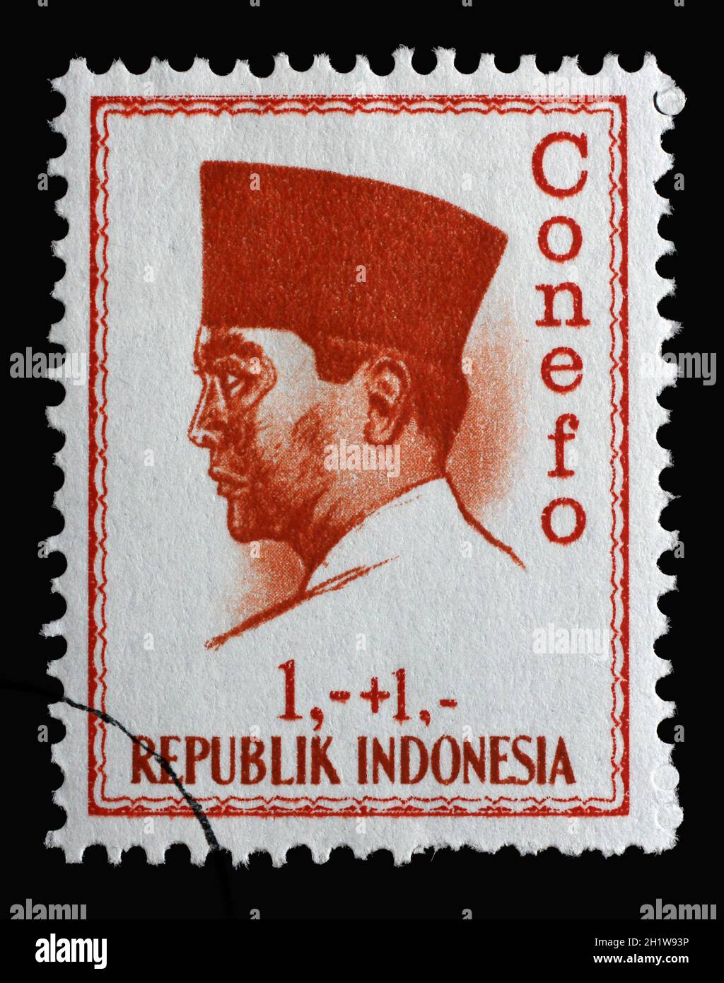 Timbre imprimé en Indonésie montre le premier président de l'Indonésie Sukarno, vers 1965 Banque D'Images