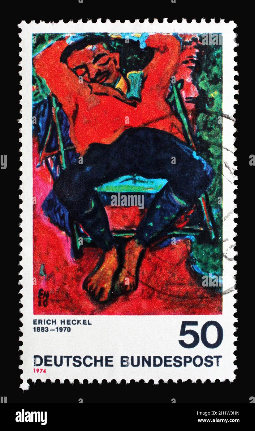 Un timbre imprimé en Allemagne montre des peintres expressionnistes allemands: Pechstein (homme) endormi par Erich Heckel, vers 1974 Banque D'Images