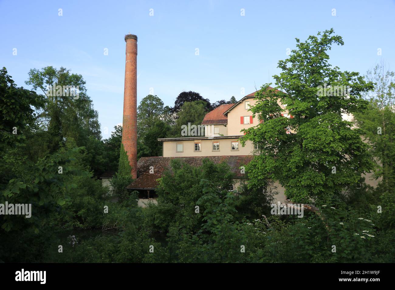 Schoenau, ancienne usine de Wetzikon, Zurich. Belle vieille cheminée avec un nid de cigognes sur le dessus. Banque D'Images