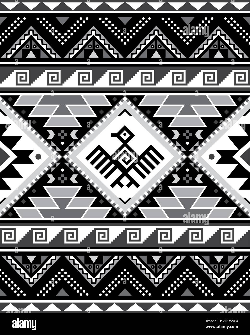 Aztec Tribal géométrique sans couture motif vectoriel avec oiseau et triangles - style péruvien tapis ou moquette, format 8x10, décor du sud-ouest en noir, gris Illustration de Vecteur