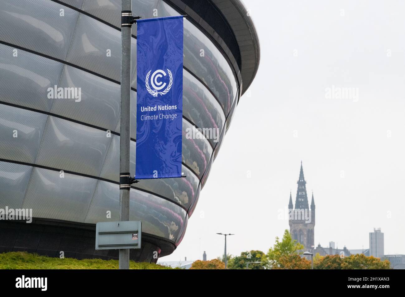COP26 Glasgow 2021 - bannière des Nations Unies sur les changements climatiques devant le site OVO Hydro a Scottish Event Campus (SEC), Glasgow, Écosse, Royaume-Uni Banque D'Images