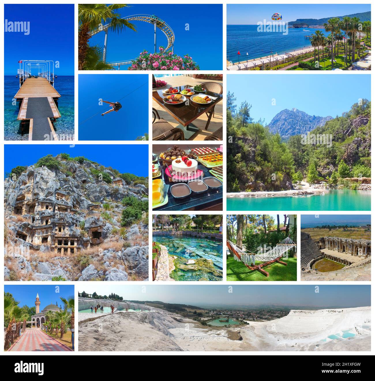 Collage des monuments de Turquie : le mont Tahtali, vues sur l'architecture ancienne d'Antalya et le canyon Goynuk, la plage et le port de plaisance Kemer Banque D'Images