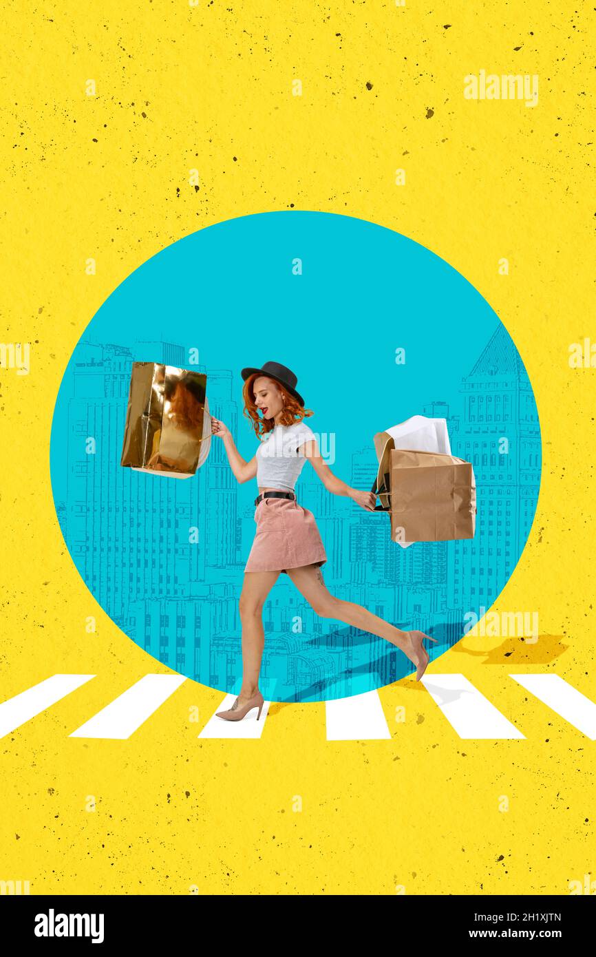 Collage d'art contemporain d'une belle femme à la mode avec des sacs de shopping à la traversée piétonne Banque D'Images