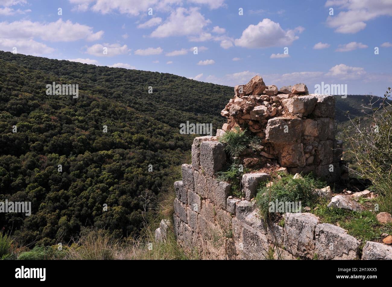 Château de Montfort. QAl'at al-Qurain ou QAl'at al-Qarn - 'Château de la petite Corne' un château Crusader en ruines dans la région de la haute Galilée. Ruines de Monfo Banque D'Images